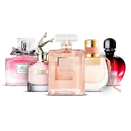Kombinace 5 dámských parfémů – Miss Dior Absolutely Blooming, Scandal, Coco Mademoiselle, Nomade a Black XS [každý 100 ml]