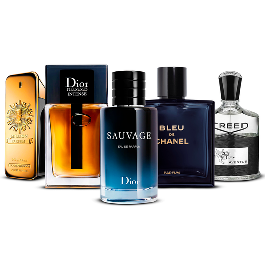 Kombinace 5 pánských parfémů – 1 Million, Dior Homme Intense, Sauvage, Bleu de Chanel a Creed Aventus [každý 100 ml]