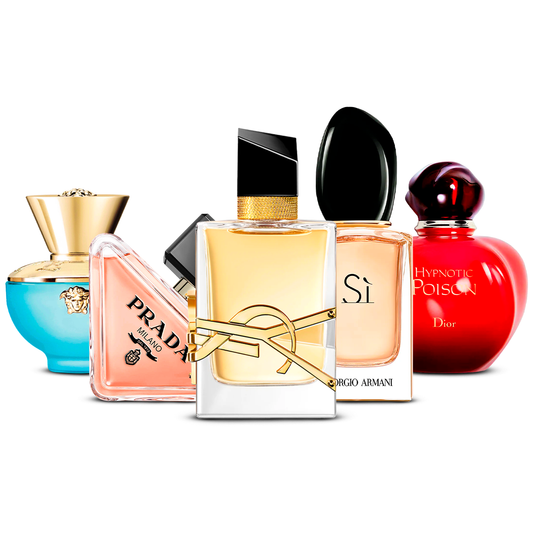 Kombinace 5 dámských parfémů – Versace Dylan Turquoise, Prada Paradoxe, Yves Saint Laurent Libre, Giorgio Armani Sì a Dior Hypnotic Poison [každý 100 ml]