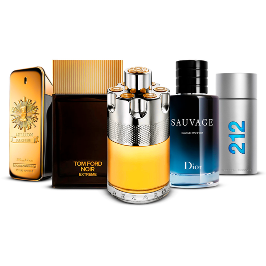Kombinace 5 pánských parfémů – 1 Million, Tom Ford Noir Extrême, Azzaro Wanted, Sauvage a 212 Men [každý 100 ml]